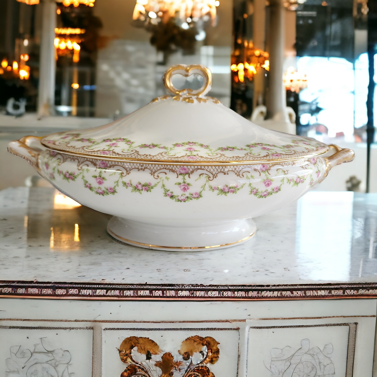 12" Guerin Wm Limoges France Pink Rose Swag Oval Covered Vegetable