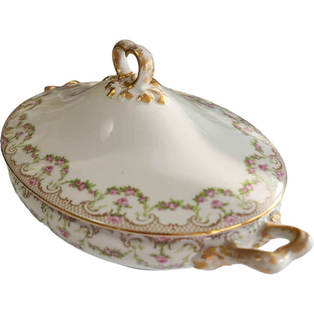 12" Guerin Wm Limoges France Pink Rose Swag Oval Covered Vegetable