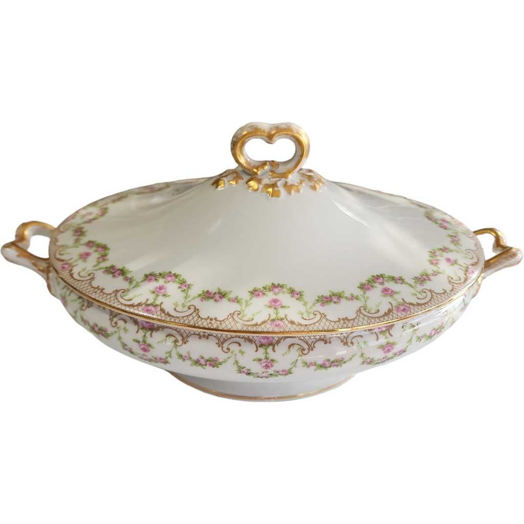 12" Guerin Wm Limoges France Pink Rose Swag Oval Covered Vegetable