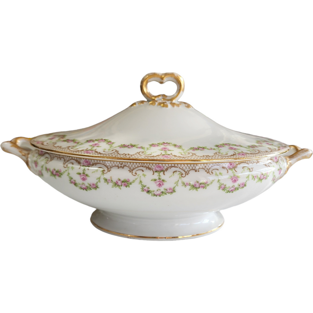 12" Guerin Wm Limoges France Pink Rose Swag Oval Covered Vegetable
