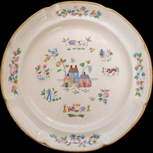 12" International Heartland Farm Scene Scalloped Tan Trim Round Plate  Platter