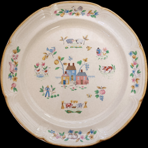 12" International Heartland Farm Scene Scalloped Tan Trim Round Plate  Platter