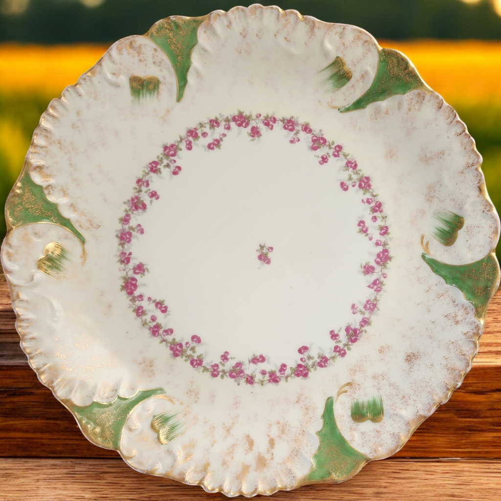 Antique Limoges France Pink Floral & Gold Trim Scalloped Edge Platter