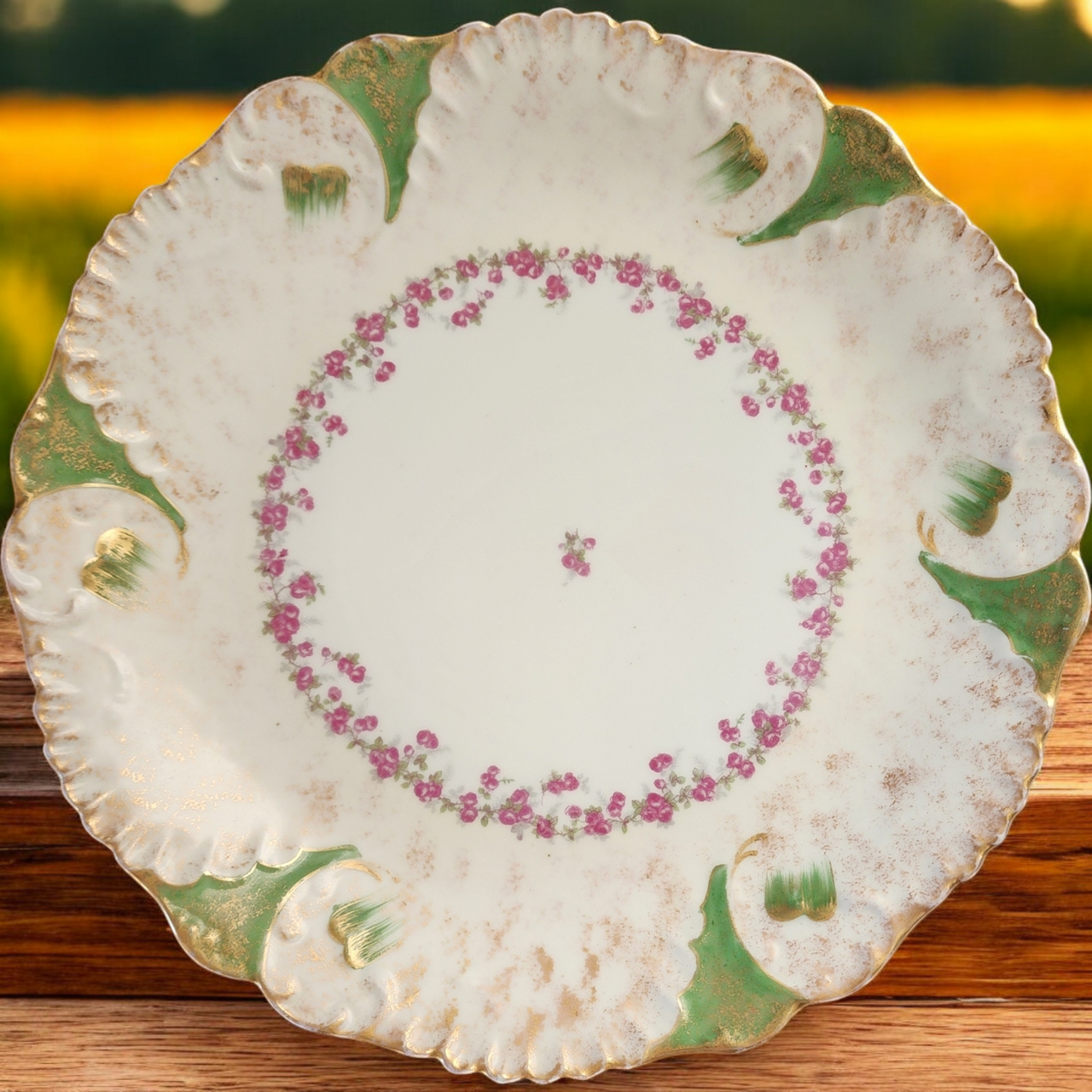 Antique Limoges France Pink Floral & Gold Trim Scalloped Edge Platter