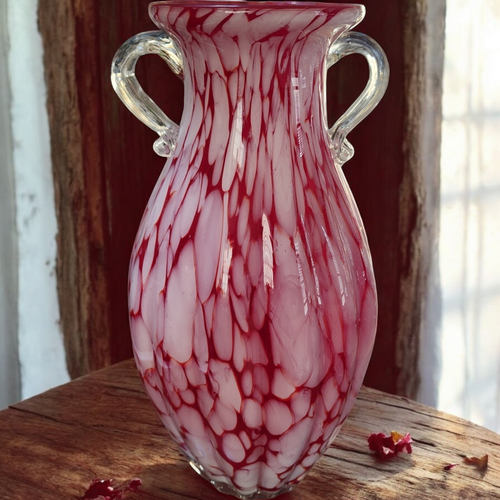 12" Transparent Red White Spotted Hand Blown Glass Vase