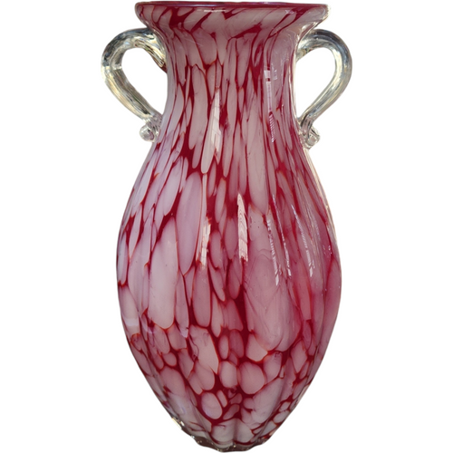 12" Transparent Red White Spotted Hand Blown Glass Vase