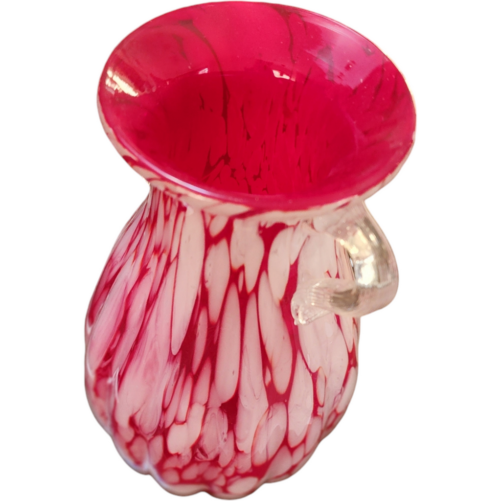 12" Transparent Red White Spotted Hand Blown Glass Vase