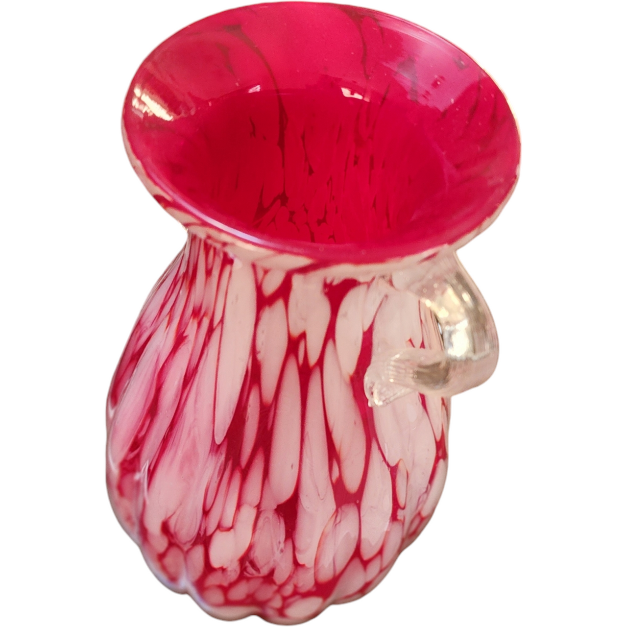 12" Transparent Red White Spotted Hand Blown Glass Vase