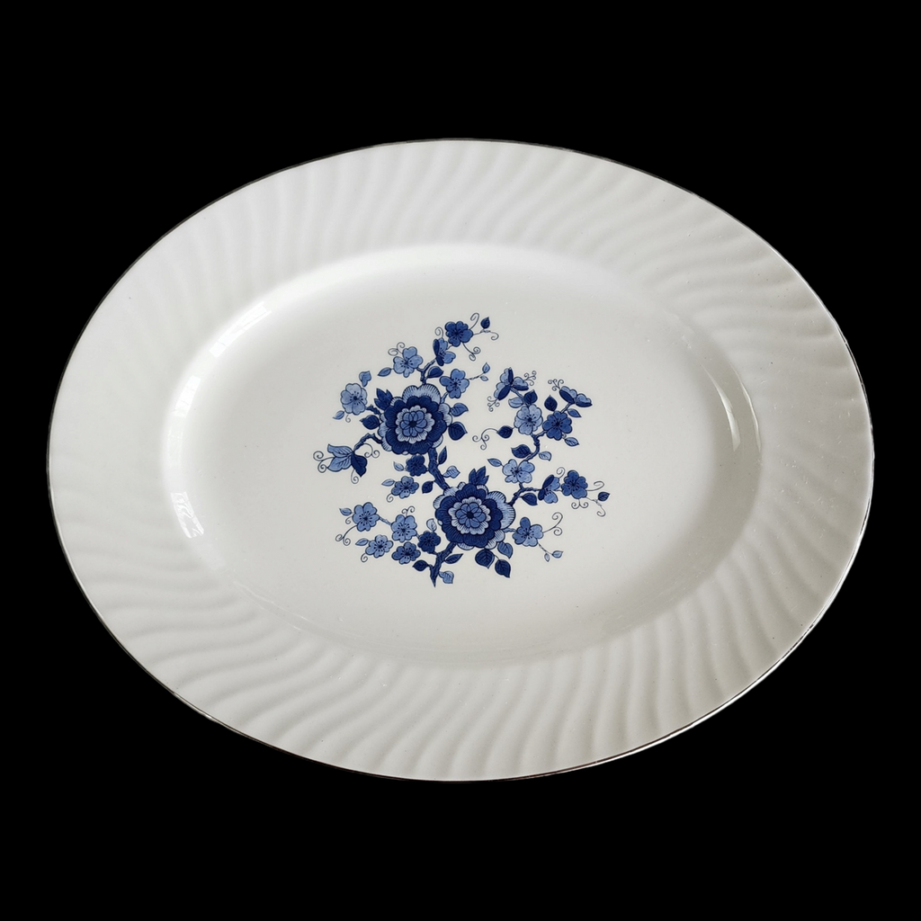 12" Wedgwood Royal Blue Floral Center Swirled Rim Oval Serving Platter