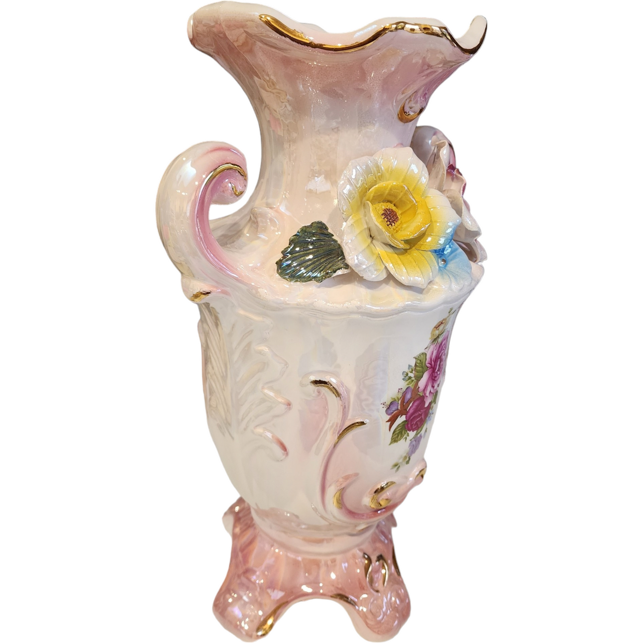 13" Deluxe Italian Style Floral and Gold Trim Luster Finish Vase