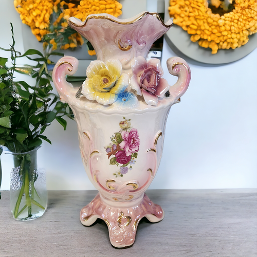 13" Deluxe Italian Style Floral and Gold Trim Luster Finish Vase