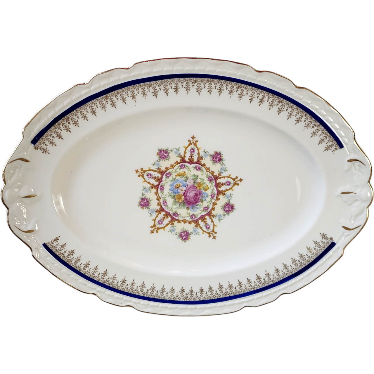 13" Embassy Vitrified China American Floral Center Cobalt Blue Band Gold Filigree Oval Serving Platter