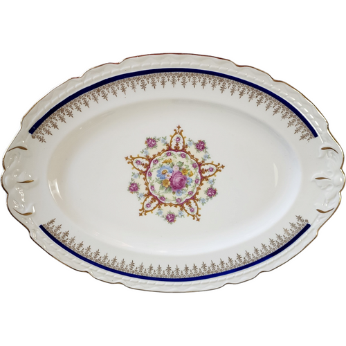 13" Embassy Vitrified China American Floral Center Cobalt Blue Band Gold Filigree Oval Serving Platter