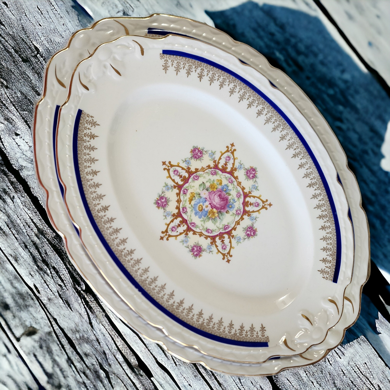 13" Embassy Vitrified China American Floral Center Cobalt Blue Band Gold Filigree Oval Serving Platter