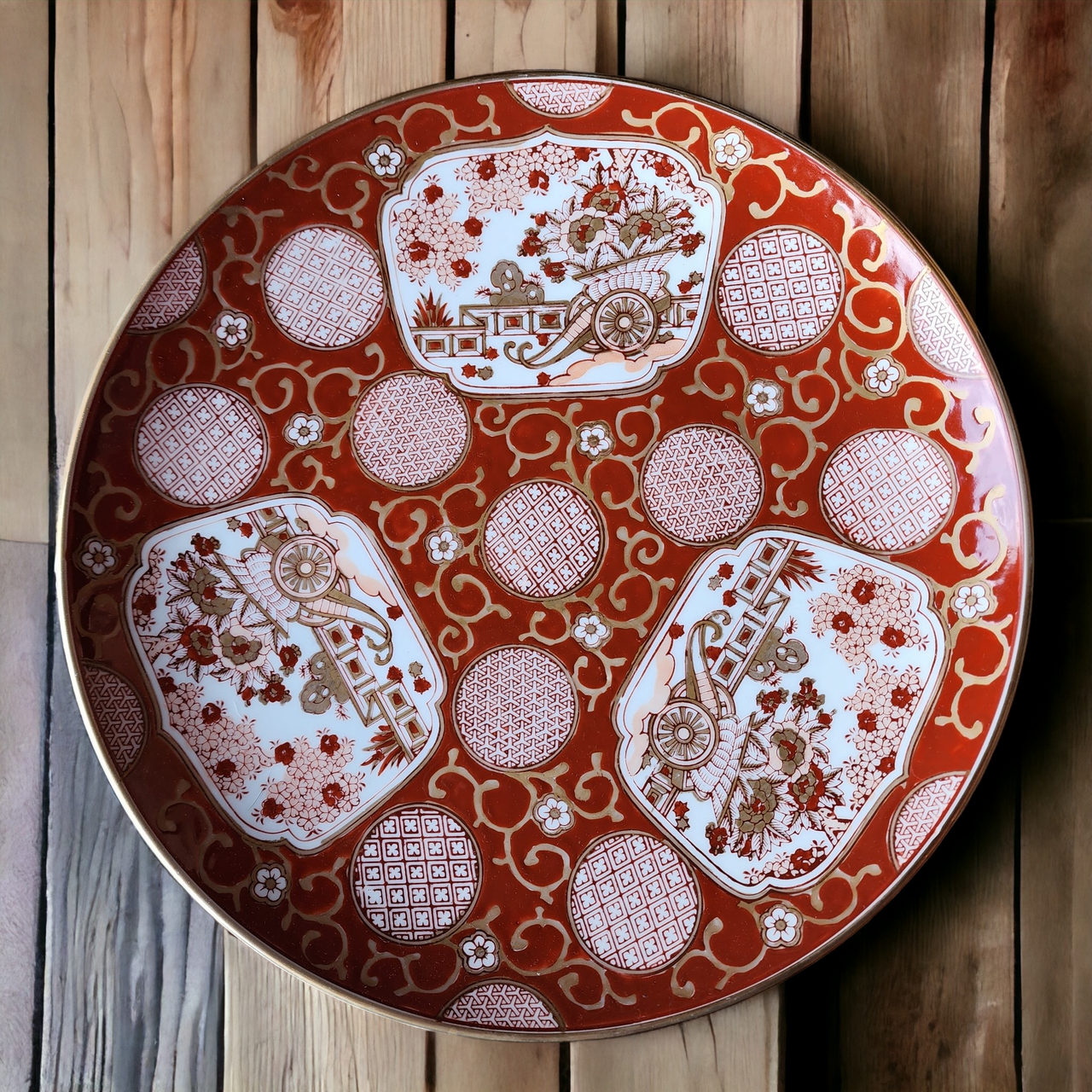 13" Gold Imari Red and White Floral Gold Accents & Trim Wall Plate