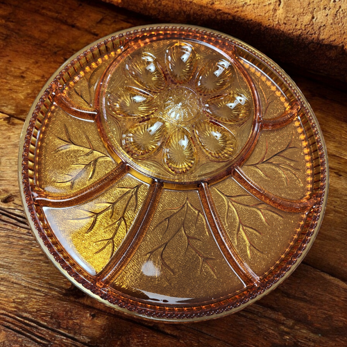 13" Indiana Glass Pebble Leaf Amber Round 8 Egg 7 Section Egg & Relish Dish