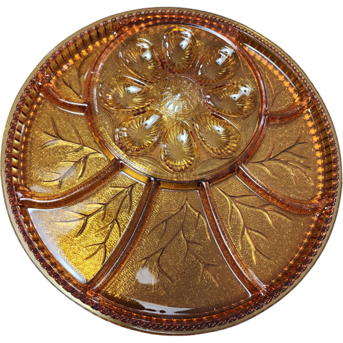 13" Indiana Glass Pebble Leaf Amber Round 8 Egg 7 Section Egg & Relish Dish