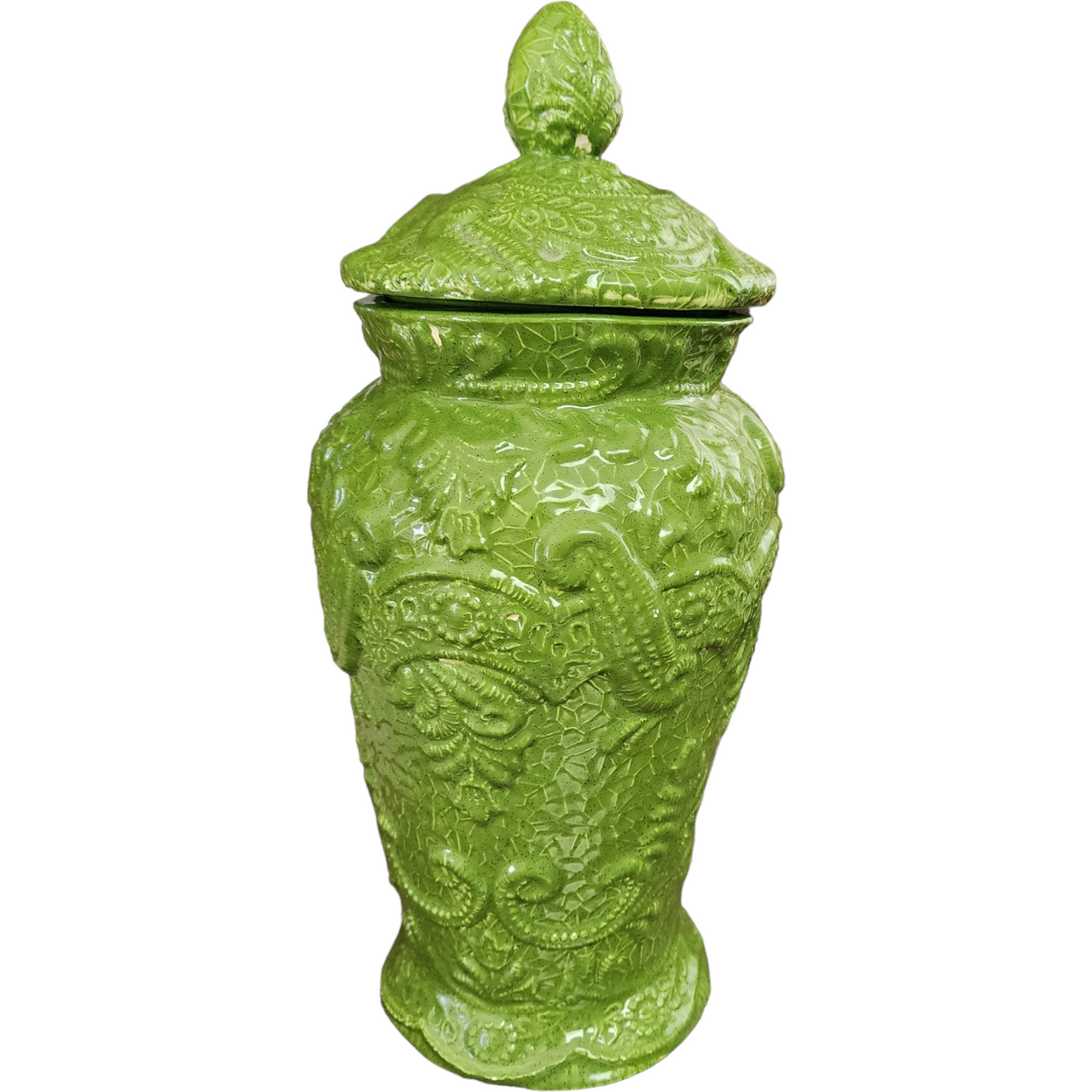 13" Large Green Porcelain Lidded Jar Urn