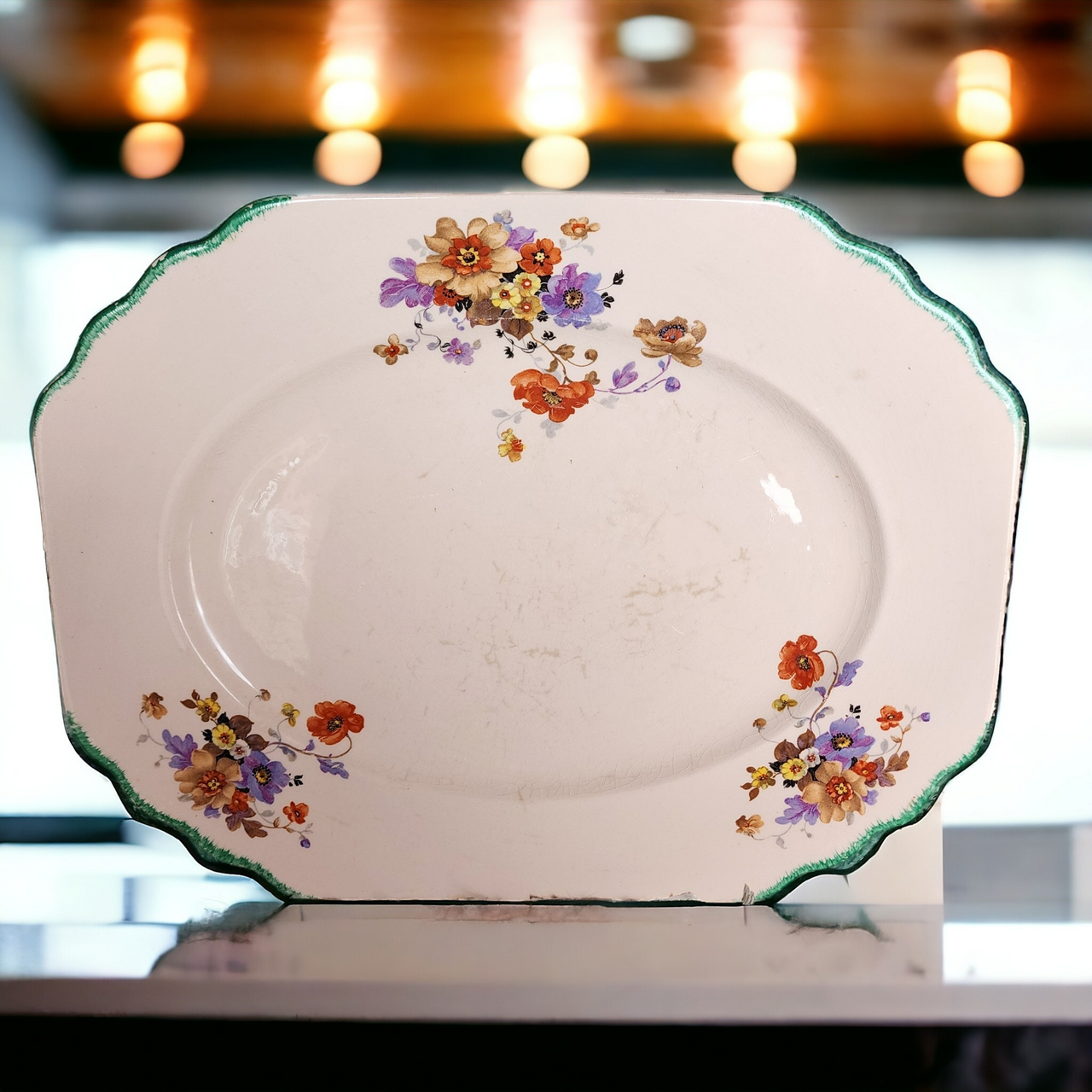 13" Limoges-American Springtime Peach-Blo Multifloral Green Trim Serving Platter