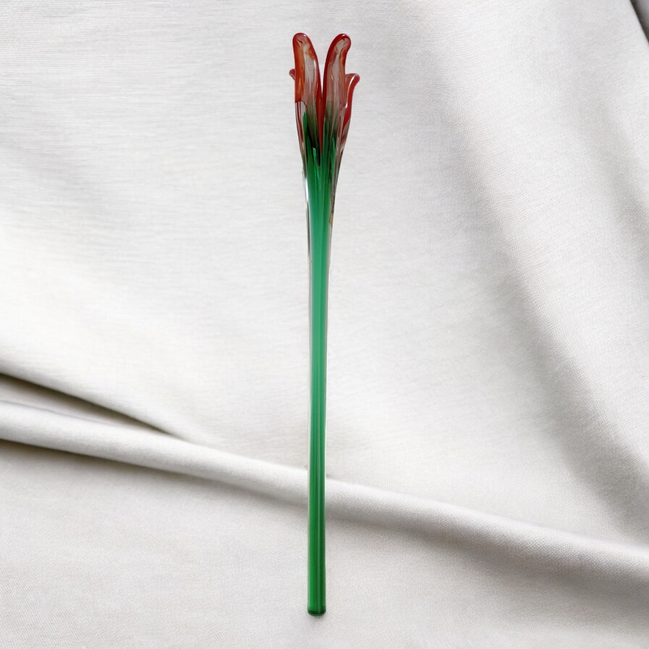 13" Mikasa Art Glass Red Lily Hand Blown Green Stem Flower Murano Style