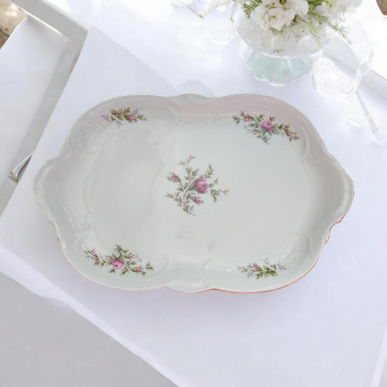 13" Rosenthal Continental Moss Rose Pompadour Ivory Oval Serving Platter