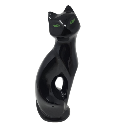13" Vintage Black Cat Green Eyes Ceramic Figurine