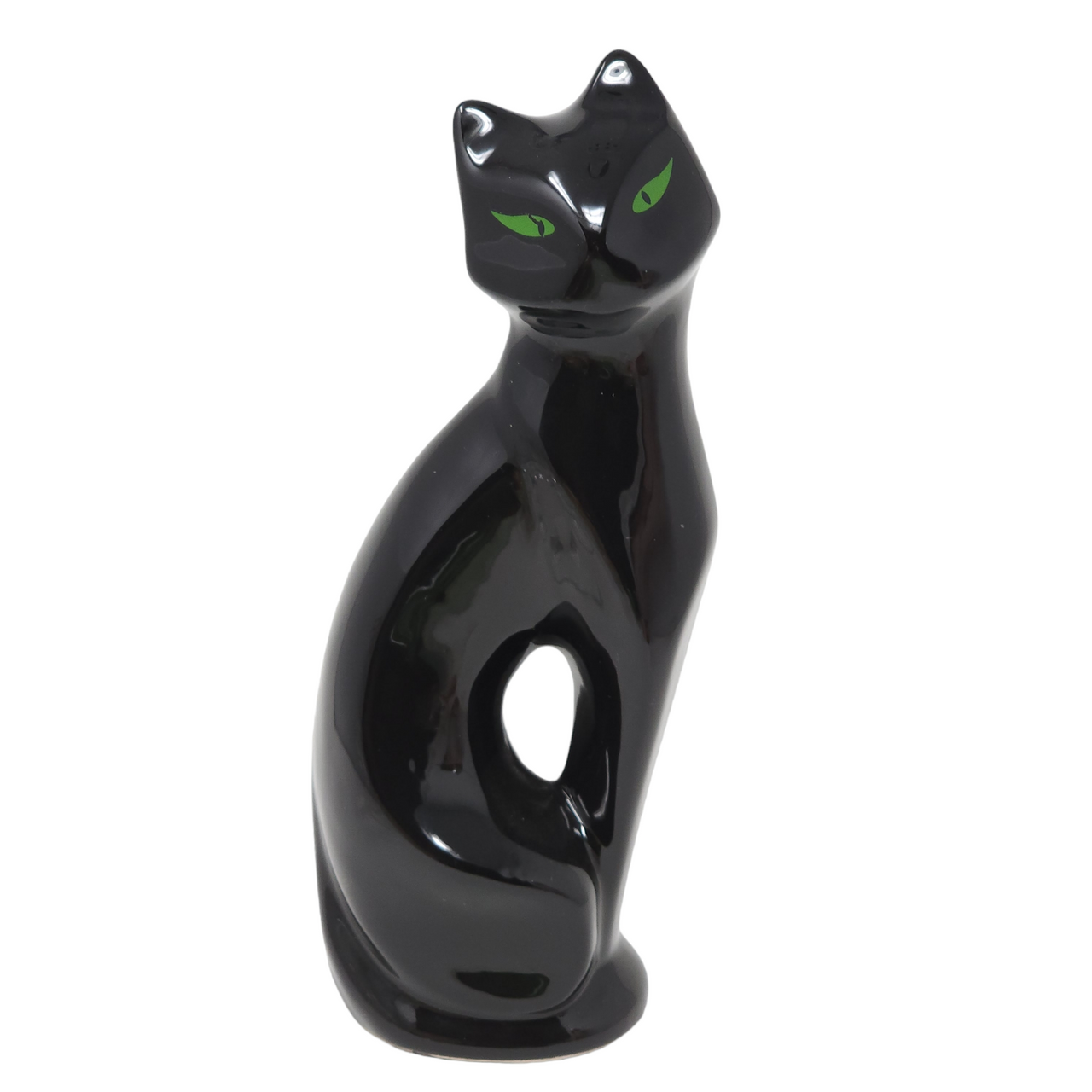 13" Vintage Black Cat Green Eyes Ceramic Figurine