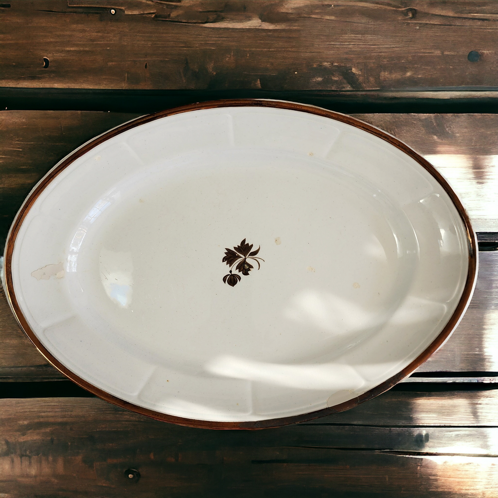 14" Anthony Shaw Tea Leaf Copper Band White Ironstone Oval Serving Platter