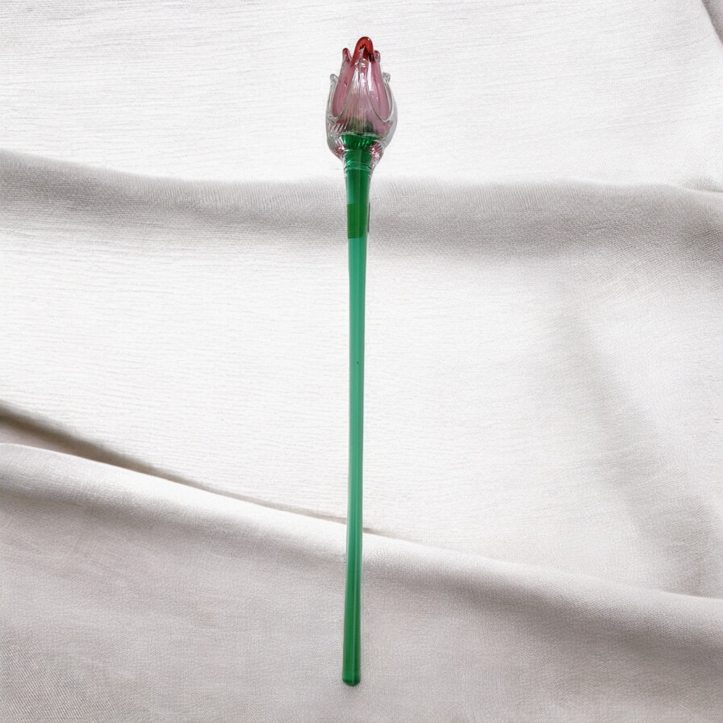 14" Art Glass PinkTulip Hand Blown Green Stem Flower Murano Style