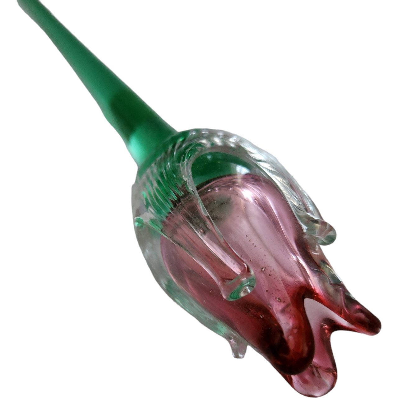 14" Art Glass PinkTulip Hand Blown Green Stem Flower Murano Style