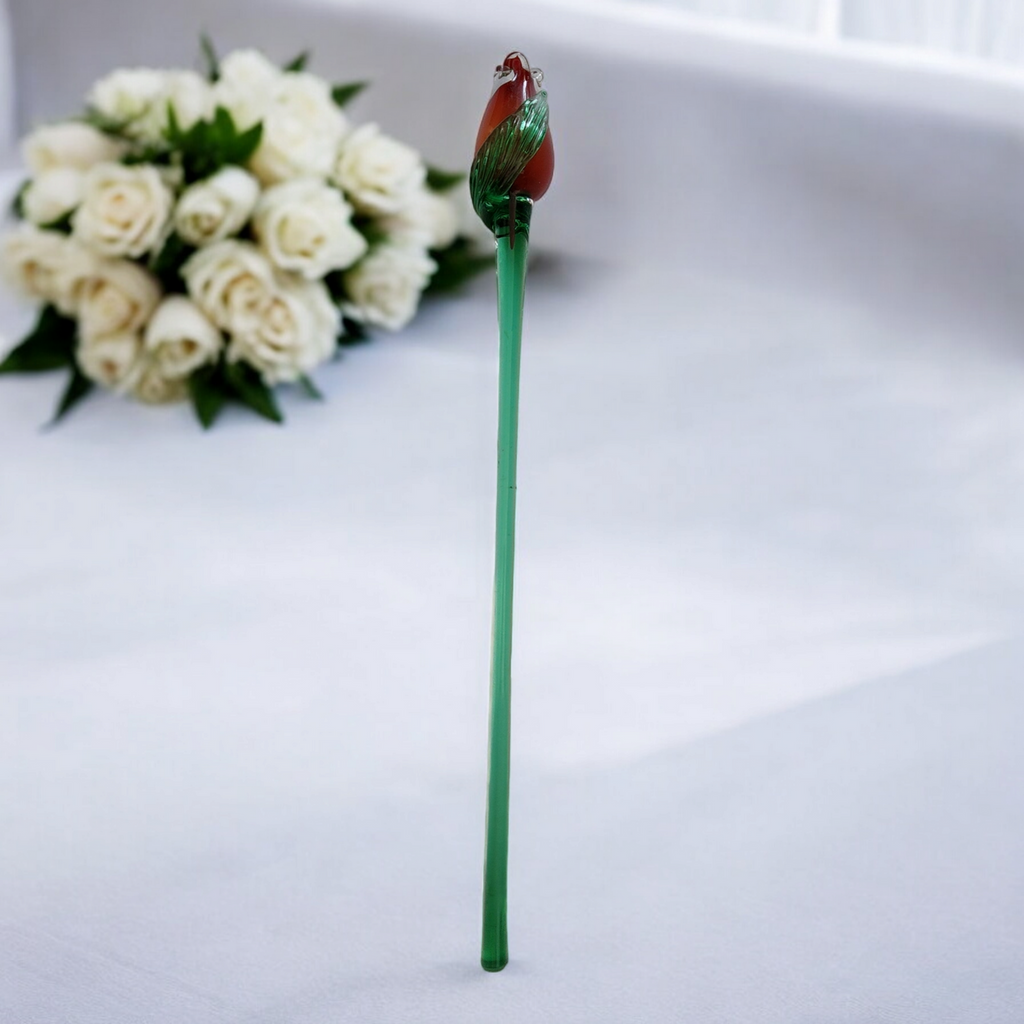 14" Art Glass Reddish Tulip Hand Blown Green Stem Flower Murano Style