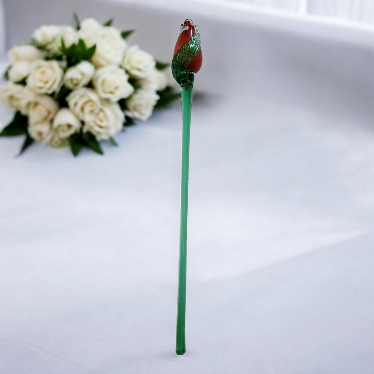 14" Art Glass Reddish Tulip Hand Blown Green Stem Flower Murano Style