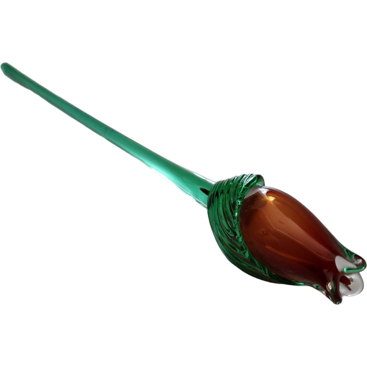 14" Art Glass Reddish Tulip Hand Blown Green Stem Flower Murano Style