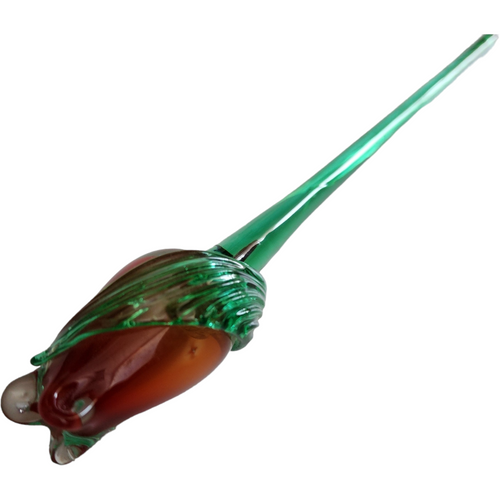 14" Art Glass Reddish Tulip Hand Blown Green Stem Flower Murano Style