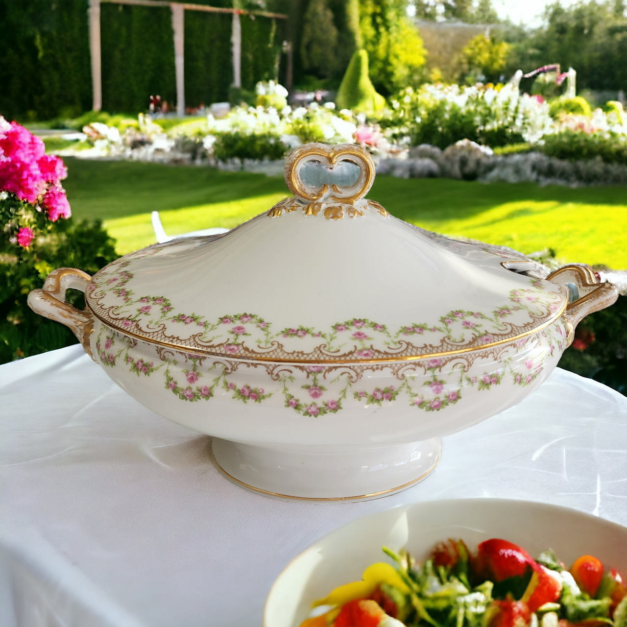 14" Guerin Wm Limoges France Pink Rose Swag Oval Covered Vegetable Tureen