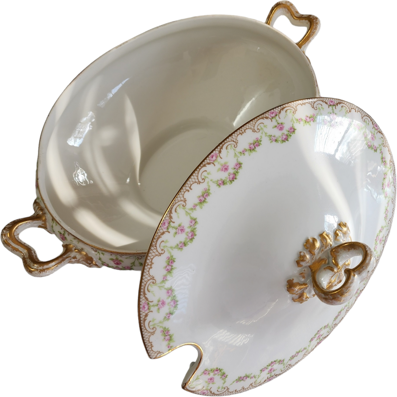 14" Guerin Wm Limoges France Pink Rose Swag Oval Covered Vegetable Tureen