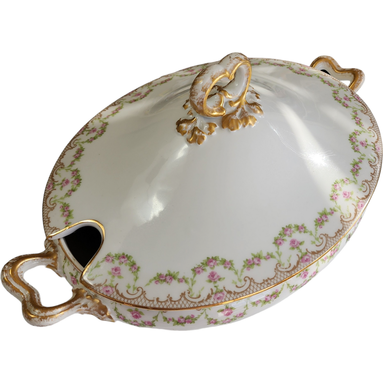 14" Guerin Wm Limoges France Pink Rose Swag Oval Covered Vegetable Tureen
