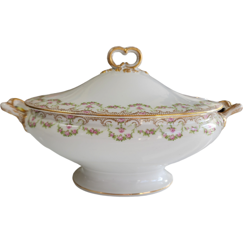 14" Guerin Wm Limoges France Pink Rose Swag Oval Covered Vegetable Tureen