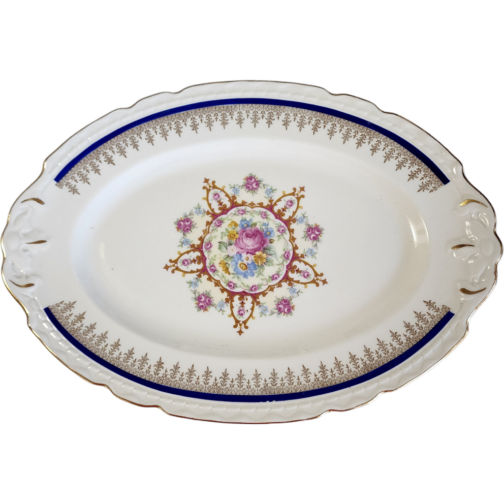15" Embassy Vitrified China American Floral Center Cobalt Blue Band Gold Filigree Oval Serving Platter