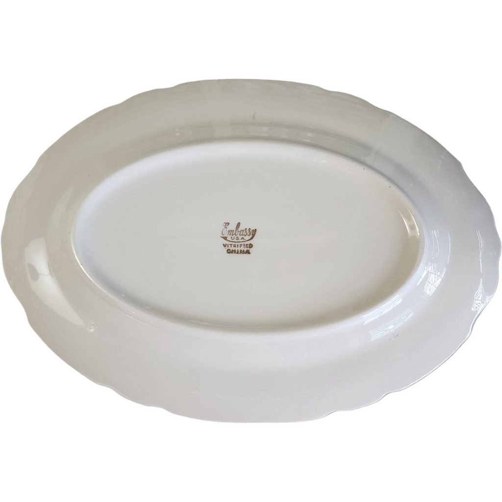 15" Embassy Vitrified China American Floral Center Cobalt Blue Band Gold Filigree Oval Serving Platter
