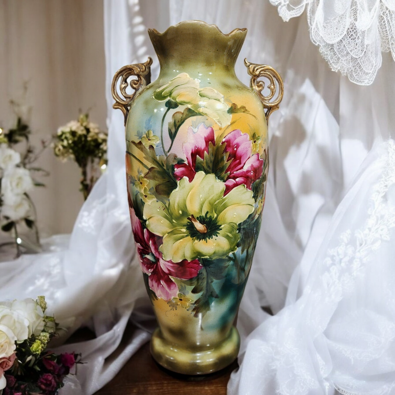 15" Nippon Hand-Painted Floral Designs Designs Scalloped Rim Vase