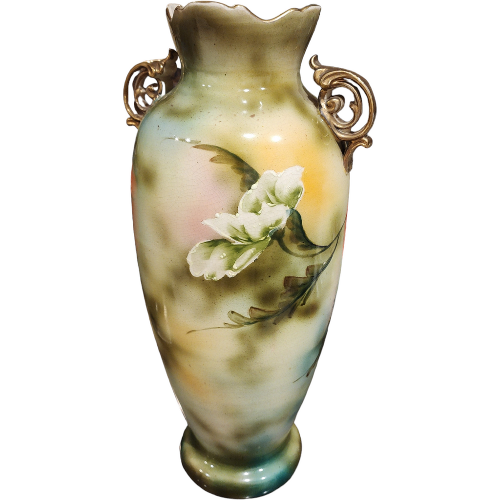 15" Nippon Hand-Painted Floral Designs Designs Scalloped Rim Vase