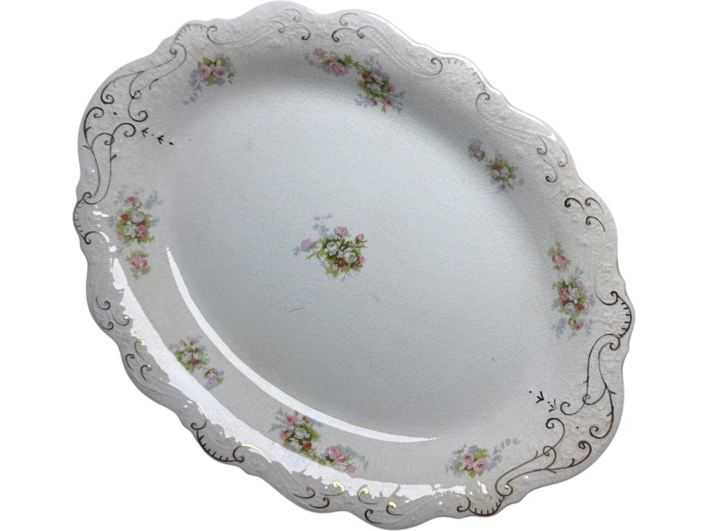 16" Antique J&G Meakin Hanley England Oval Serving Platter Floral Pink Rose Pattern with Gold Trim 19th Century Ironstone