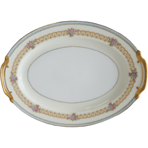 16" Noritake Juno Blue & Tan Band Flowers Tan Scrolls Oval Serving Platter