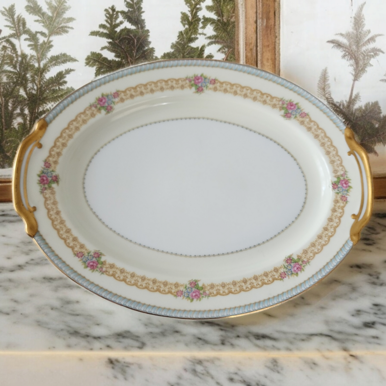 16" Noritake Juno Blue & Tan Band Flowers Tan Scrolls Oval Serving Platter