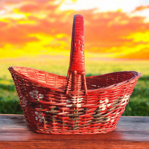 16" Red Wicker Rattan Farmhouse Home Decor Storage Primitive Basket
