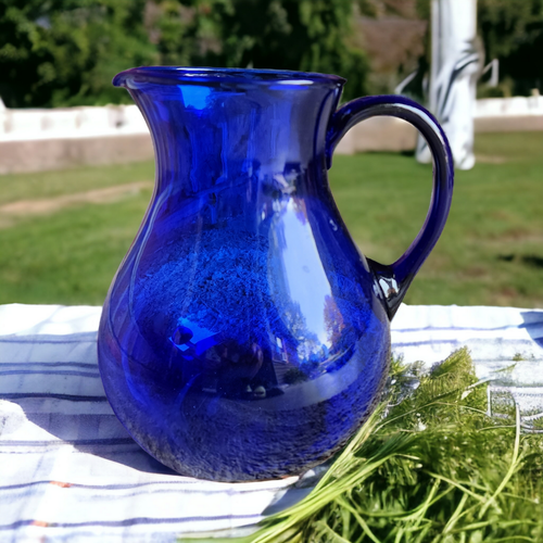 1940s Art Deco Hand Blown Glass Pitcher in Cobalt Blue