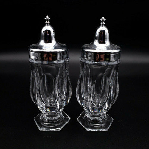 FOSTORIA Revere Giftware Clear Glass Footed Shaker Set & Metal Lids