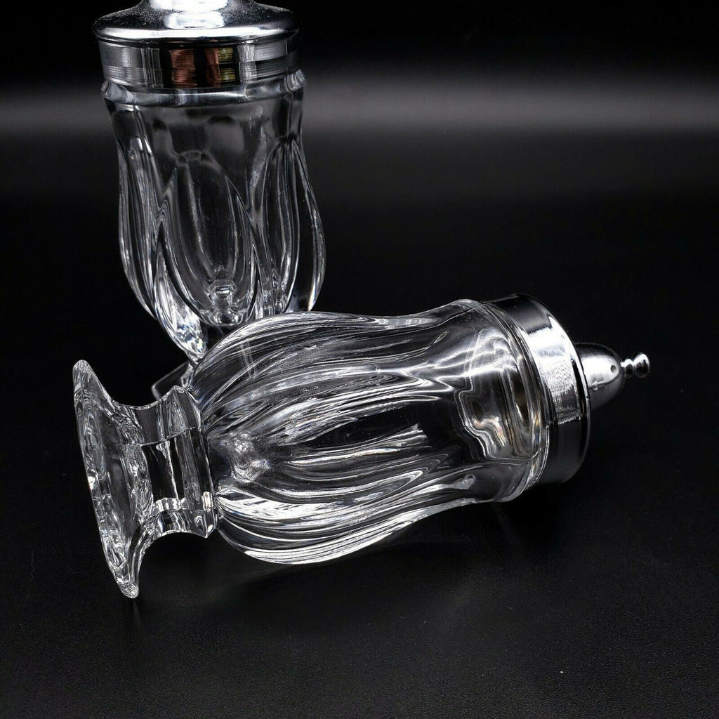 FOSTORIA Revere Giftware Clear Glass Footed Shaker Set & Metal Lids