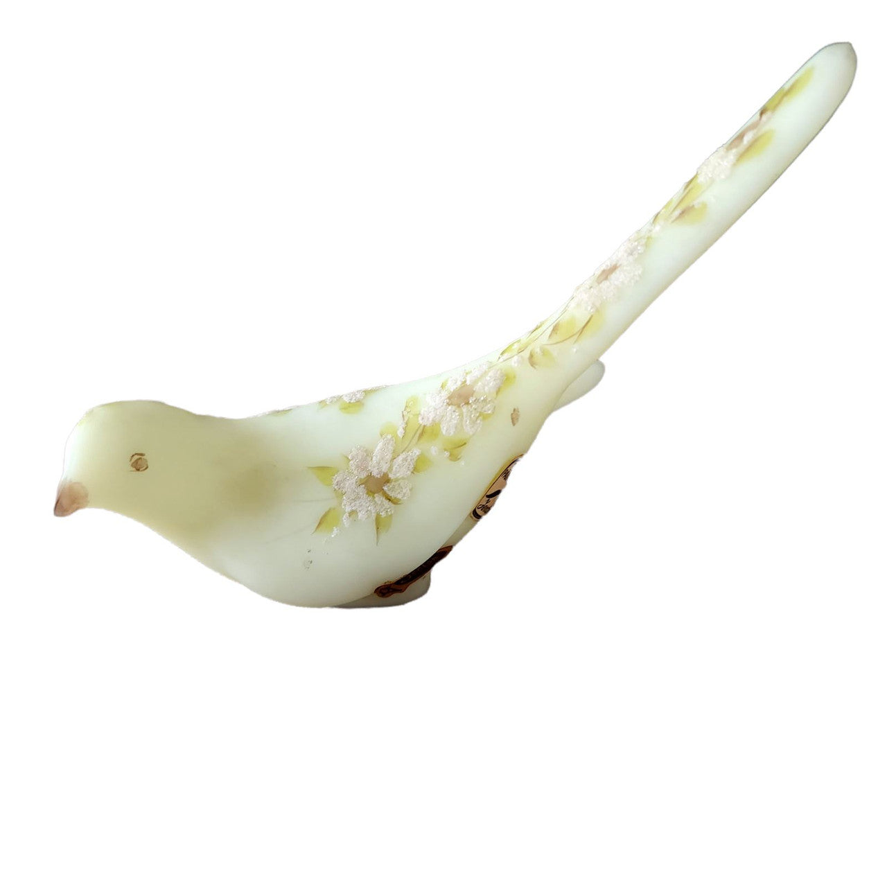 FENTON Uranium Satin Glass Daisies on Custard Happiness Bird Figurine